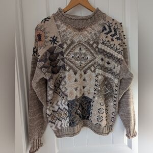 Vintage Cotton/Ramie Mock Neck Neutral Sweater Size M Taupe, Brown, Grey & Cream